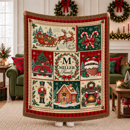 Personalized Christmas Woven Throw Blanket Custom Family Name Vintage Patchwork
