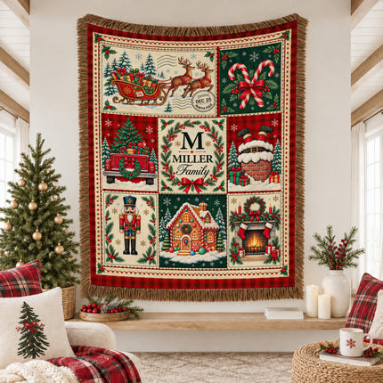 Personalized Christmas Woven Throw Blanket Custom Family Name Vintage Patchwork