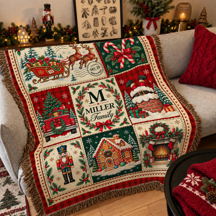 Personalized Christmas Woven Throw Blanket Custom Family Name Vintage Patchwork