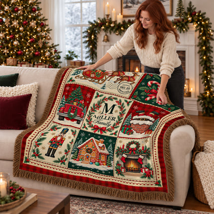 Personalized Christmas Woven Throw Blanket Custom Family Name Vintage Patchwork