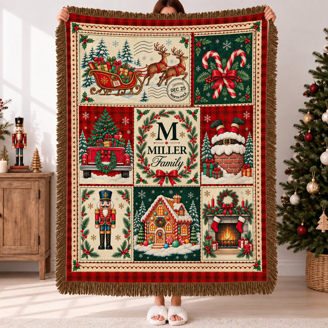 Personalized Christmas Woven Throw Blanket Custom Family Name Vintage Patchwork