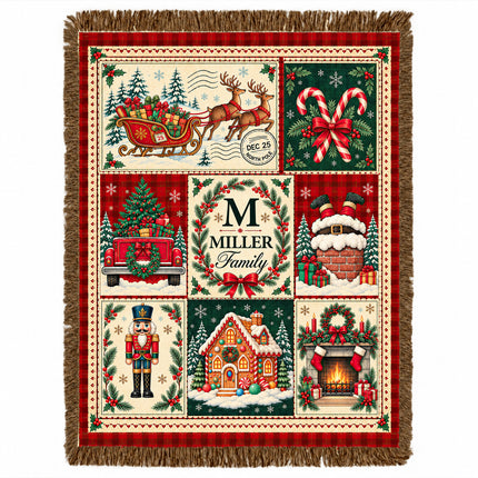Personalized Christmas Woven Throw Blanket Custom Family Name Vintage Patchwork
