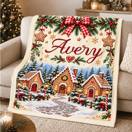 Personalized Christmas Fleece Blanket Gingerbread Village Custom Name