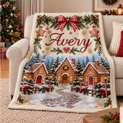Personalized Christmas Fleece Blanket Gingerbread Village Custom Name