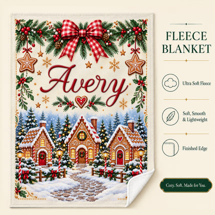 Personalized Christmas Fleece Blanket Gingerbread Village Custom Name