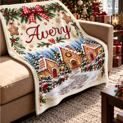 Personalized Christmas Fleece Blanket Gingerbread Village Custom Name