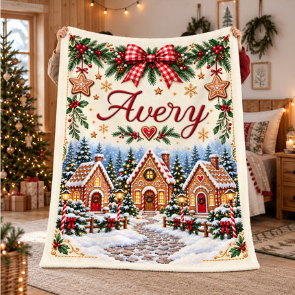 Personalized Christmas Fleece Blanket Gingerbread Village Custom Name