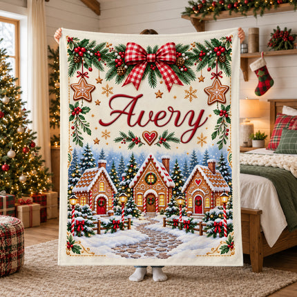 Personalized Christmas Fleece Blanket Gingerbread Village Custom Name