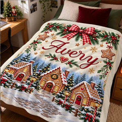 Personalized Christmas Fleece Blanket Gingerbread Village Custom Name