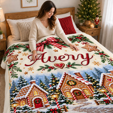 Personalized Christmas Fleece Blanket Gingerbread Village Custom Name