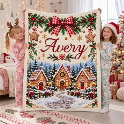 Personalized Christmas Fleece Blanket Gingerbread Village Custom Name