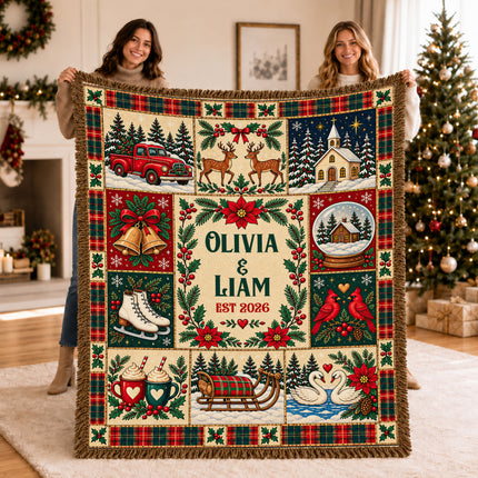 Personalized Christmas Couple Woven Throw Blanket Custom Names Established Year