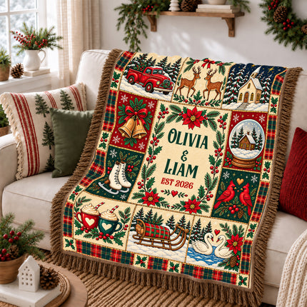 Personalized Christmas Couple Woven Throw Blanket Custom Names Established Year