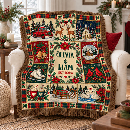 Personalized Christmas Couple Woven Throw Blanket Custom Names Established Year