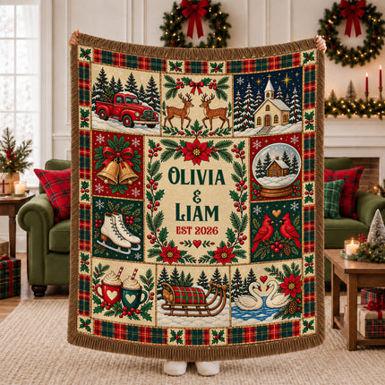 Personalized Christmas Couple Woven Throw Blanket Custom Names Established Year