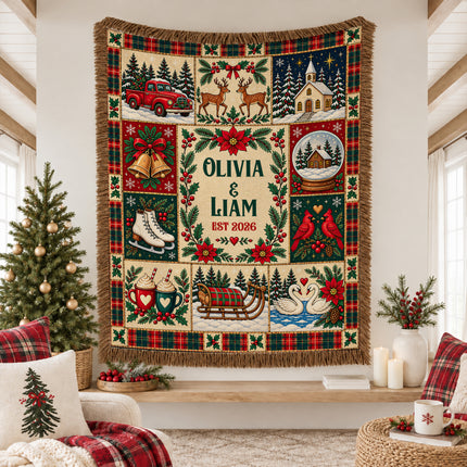 Personalized Christmas Couple Woven Throw Blanket Custom Names Established Year