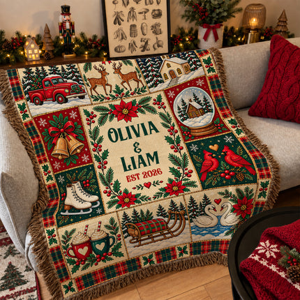 Personalized Christmas Couple Woven Throw Blanket Custom Names Established Year
