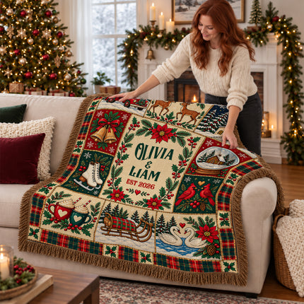 Personalized Christmas Couple Woven Throw Blanket Custom Names Established Year