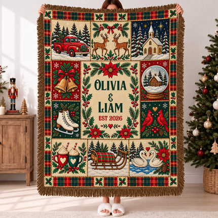 Personalized Christmas Couple Woven Throw Blanket Custom Names Established Year