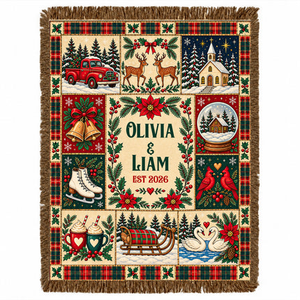 Personalized Christmas Couple Woven Throw Blanket Custom Names Established Year