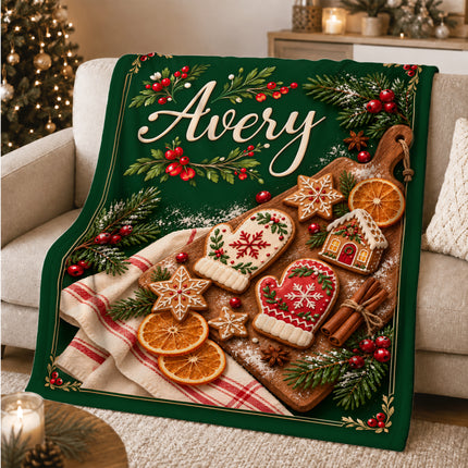 Personalized Christmas Fleece Blanket Gingerbread Baking Custom Name