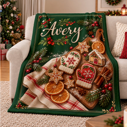 Personalized Christmas Fleece Blanket Gingerbread Baking Custom Name