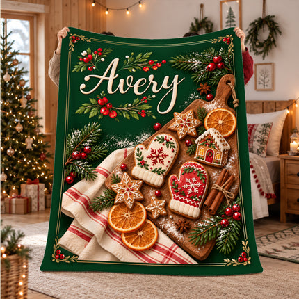 Personalized Christmas Fleece Blanket Gingerbread Baking Custom Name
