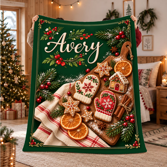Personalized Christmas Fleece Blanket Gingerbread Baking Custom Name