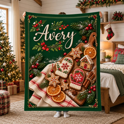 Personalized Christmas Fleece Blanket Gingerbread Baking Custom Name