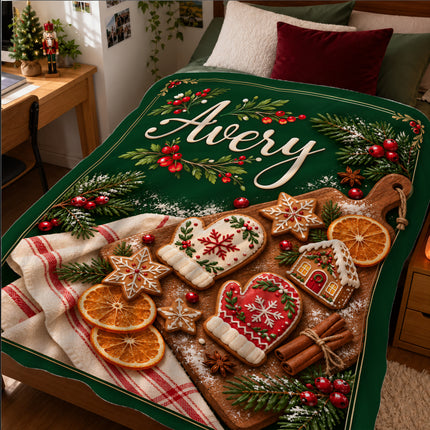 Personalized Christmas Fleece Blanket Gingerbread Baking Custom Name