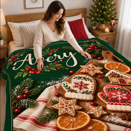 Personalized Christmas Fleece Blanket Gingerbread Baking Custom Name