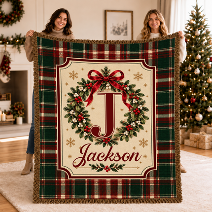 Personalized Christmas Monogram Woven Throw Blanket Plaid Wreath