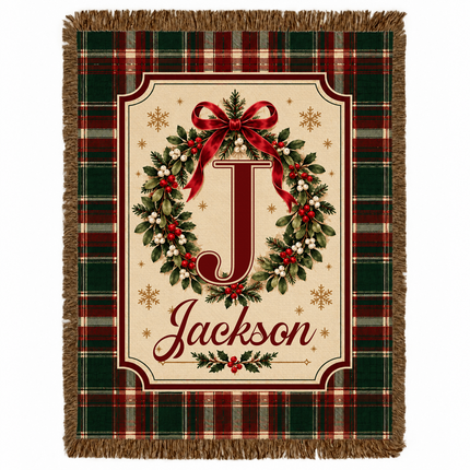 Personalized Christmas Monogram Woven Throw Blanket Plaid Wreath