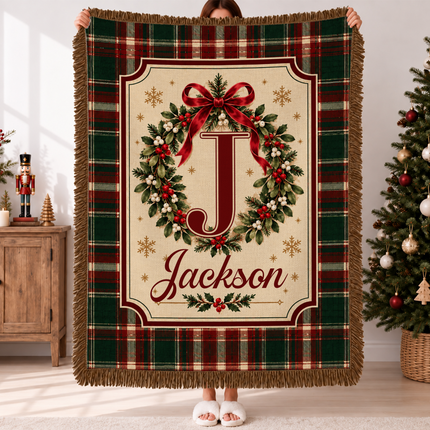 Personalized Christmas Monogram Woven Throw Blanket Plaid Wreath