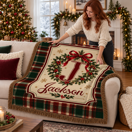 Personalized Christmas Monogram Woven Throw Blanket Plaid Wreath