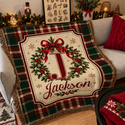 Personalized Christmas Monogram Woven Throw Blanket Plaid Wreath