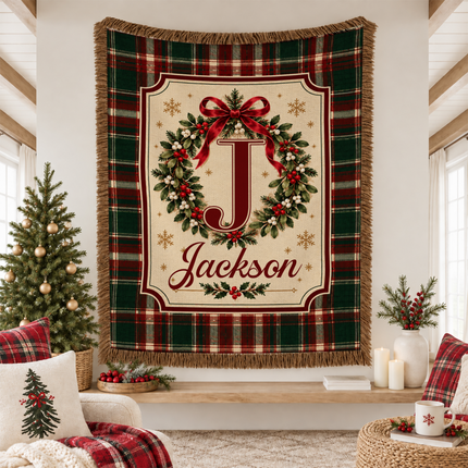 Personalized Christmas Monogram Woven Throw Blanket Plaid Wreath