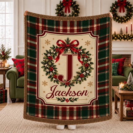 Personalized Christmas Monogram Woven Throw Blanket Plaid Wreath