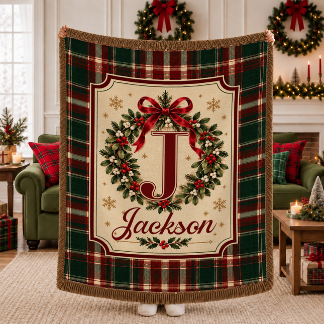 Personalized Christmas Monogram Woven Throw Blanket Plaid Wreath