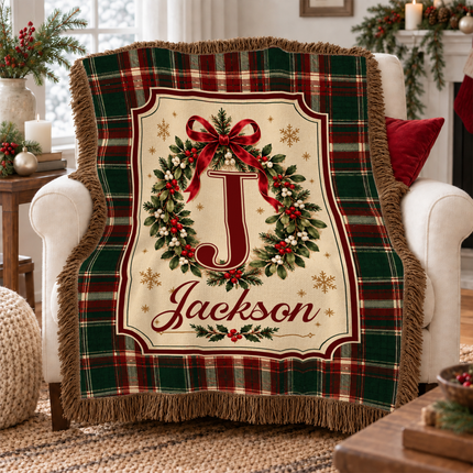 Personalized Christmas Monogram Woven Throw Blanket Plaid Wreath
