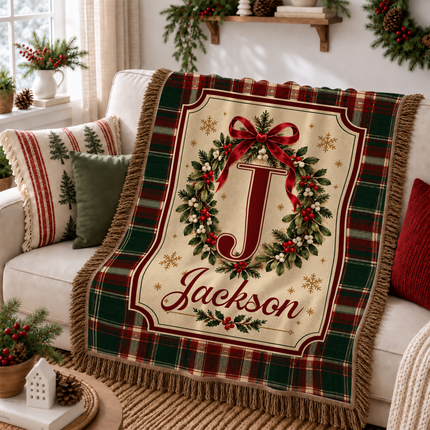 Personalized Christmas Monogram Woven Throw Blanket Plaid Wreath