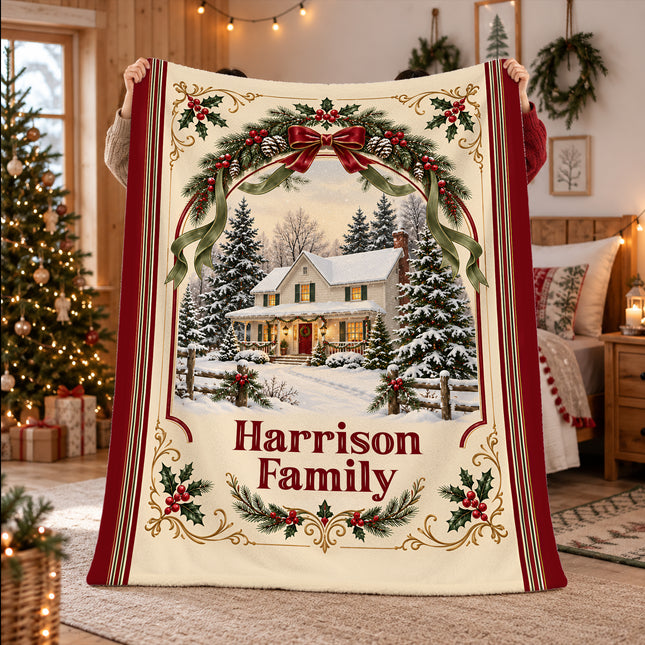 Personalized Christmas Fleece Blanket Snowy Family Home Vintage Holiday