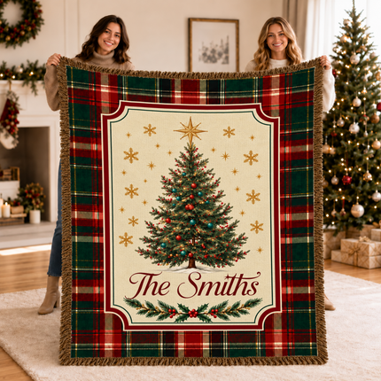 Personalized Christmas Woven Throw Blanket Custom Family Name Christmas Tree Plaid