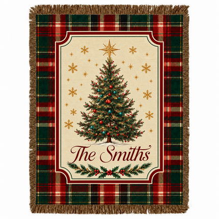 Personalized Christmas Woven Throw Blanket Custom Family Name Christmas Tree Plaid