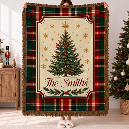 Personalized Christmas Woven Throw Blanket Custom Family Name Christmas Tree Plaid
