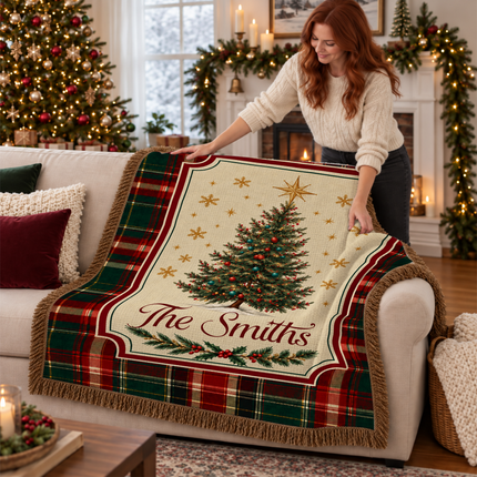Personalized Christmas Woven Throw Blanket Custom Family Name Christmas Tree Plaid