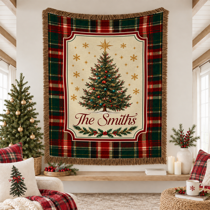 Personalized Christmas Woven Throw Blanket Custom Family Name Christmas Tree Plaid