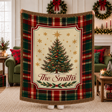 Personalized Christmas Woven Throw Blanket Custom Family Name Christmas Tree Plaid