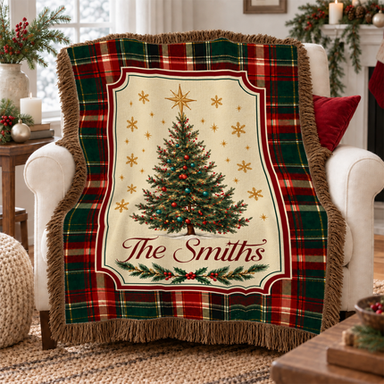 Personalized Christmas Woven Throw Blanket Custom Family Name Christmas Tree Plaid