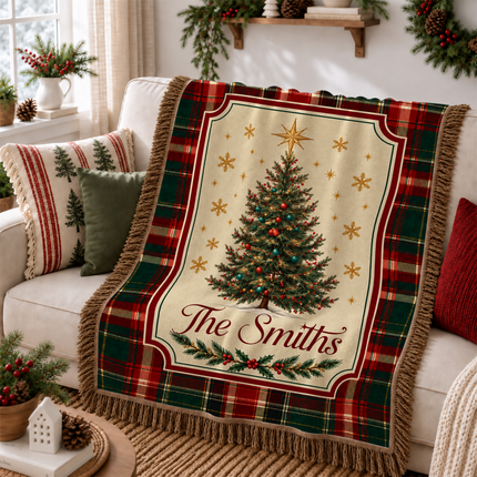 Personalized Christmas Woven Throw Blanket Custom Family Name Christmas Tree Plaid